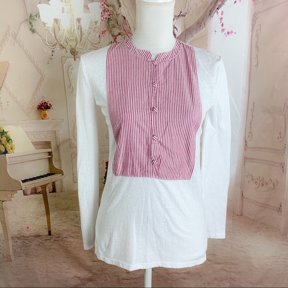 J Crew Red Striped Bibe Front Blouse - Picture 2 of 9